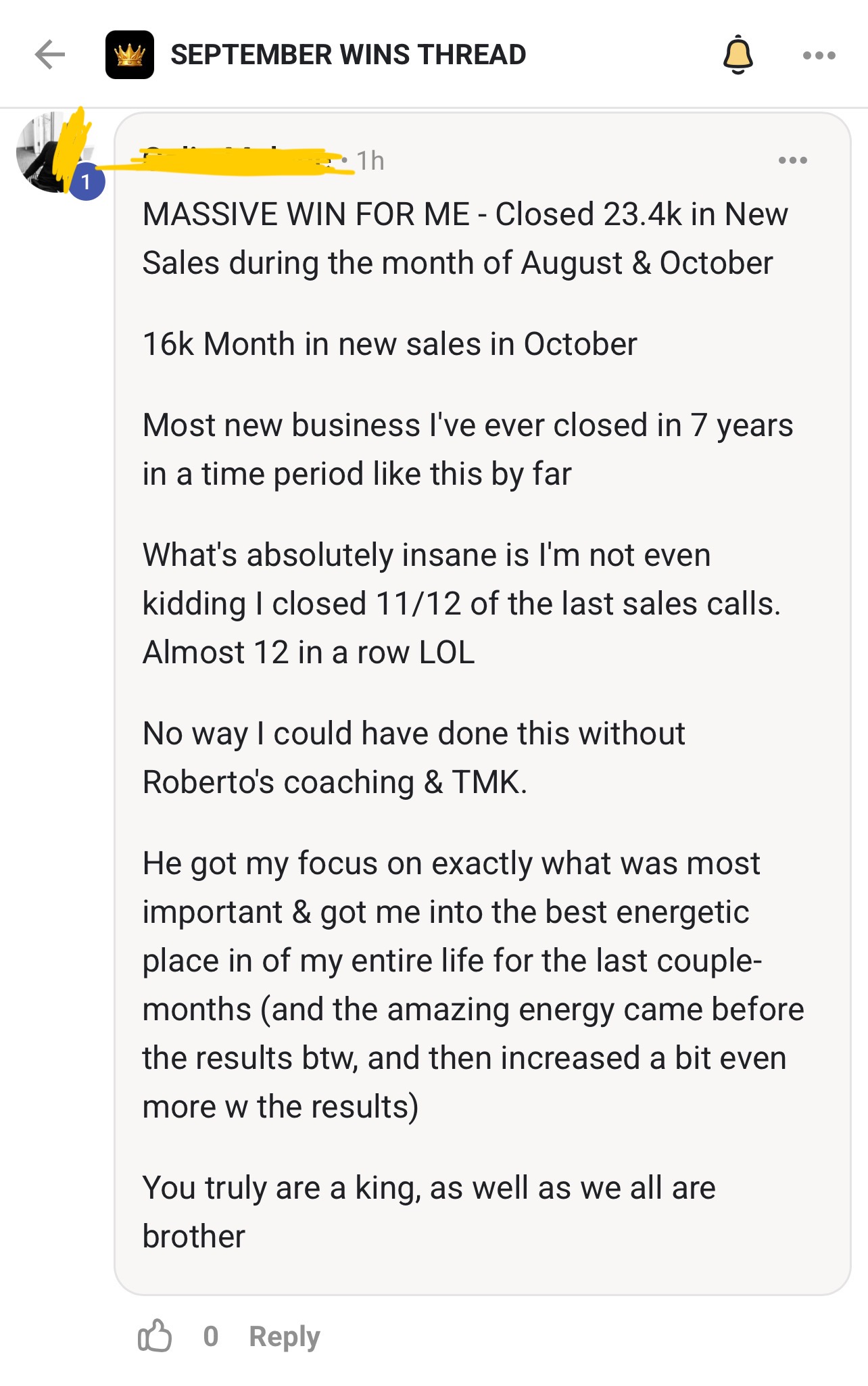 Screenshot testimonial about closing 23.4 thousand dollars in sales and winning eleven of twelve calls.