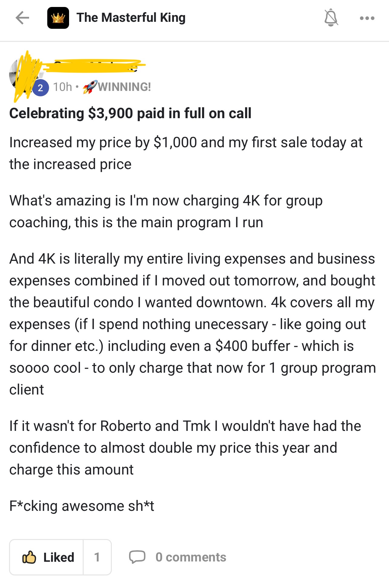 Screenshot testimonial about gaining the confidence to almost double pricing.