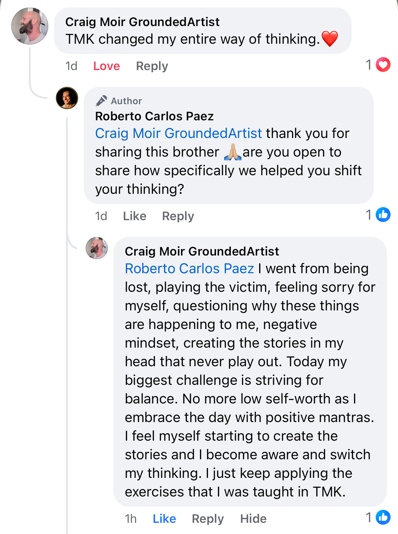 Screenshot testimonial about TMK changing a member's entire way of thinking.