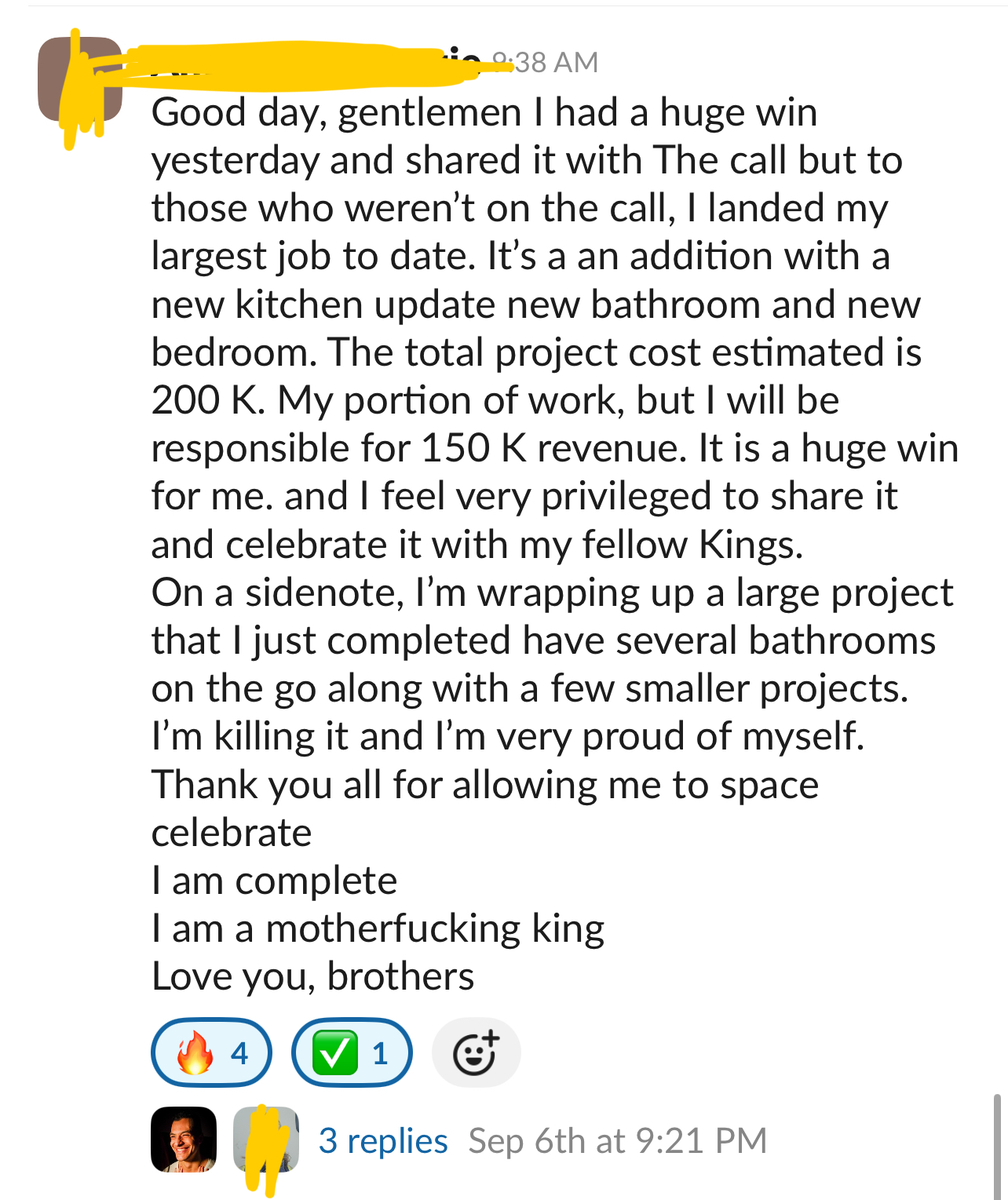 Screenshot testimonial about landing a 150,000 dollar revenue job.